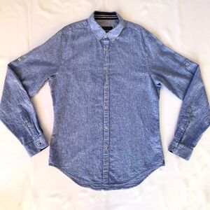 Zara Man Slim Fit Men's Shirt Blue Button Up Contrast Collar Linen Cotton Blend